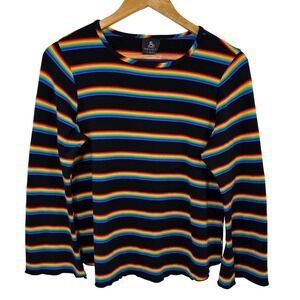 Anxiety Cafe Rainbow Stripe Lettuce Hem Long Sleeve Top Y2K Indie Pride Small
